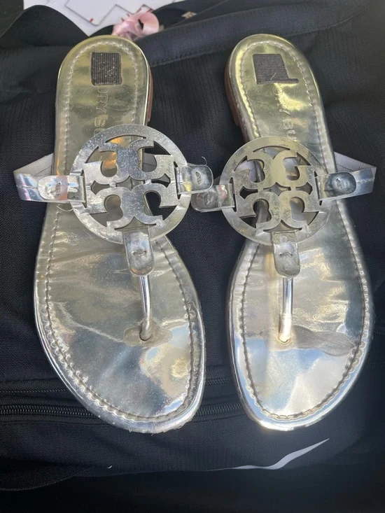 Tory Burch Silver Metallic Logo Sandals | Size 10 - Picture 1 of 4